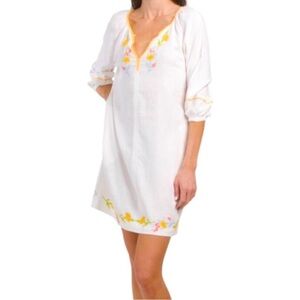 Calypso St. Barth White Linen Blend Colorful Flower Embroidery Mini Shift Dress
